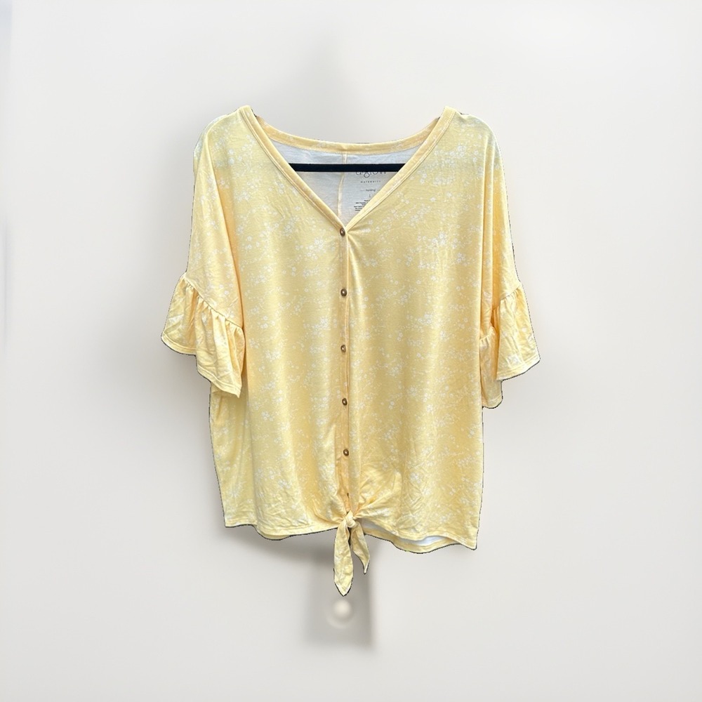 A:Glow Maternity Nursing Top Yellow Floral Button Front Tie Hem Ruffle Sleeve L